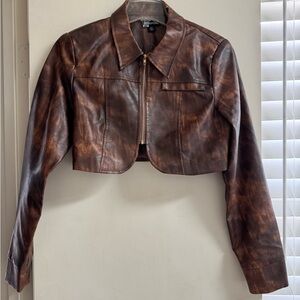 PrettyLittleThing Distressed Brown Faux Leather Jacket
